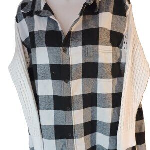upcycled Black and white Buffalo Paid Flannel with Sweater sleeves